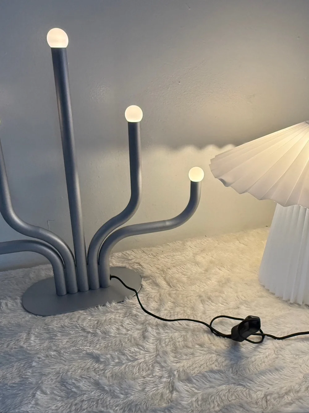 IKEA Gray Multi-Arm LED Table Lamp and White Pleated Table Lamp